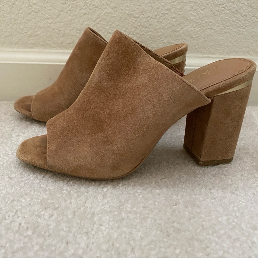 Calvin Klein Suede Peep-Toe Mules, 6